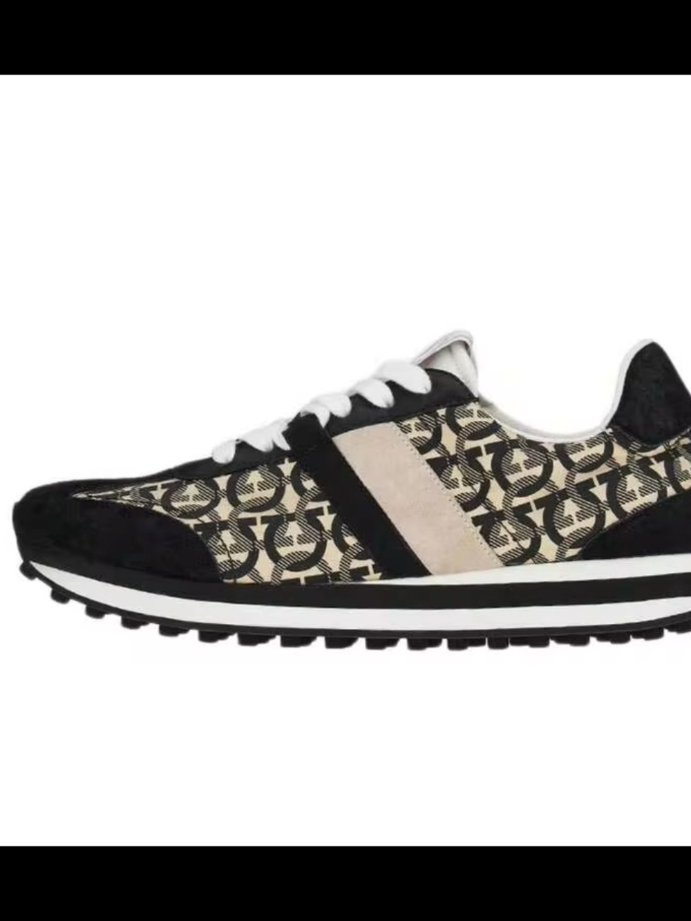 Salvatore Ferragamo Black and Beige Monogram Low-Top Sneaker
